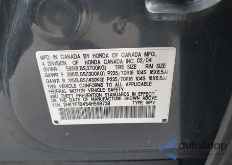 2004 Honda Pilot Ex z USA, uszkodzony, nr VIN 2HKYF18454H558739